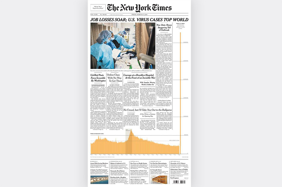 Первая страница The New York Times. Желтый график - initial jobless claims, обращения за пособиями по безработице.