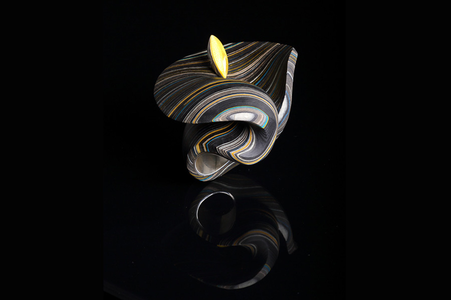 Кольцо. «For Form Plasticiti». Бумага, янтарь, серебро, смешанная техника, 83х77х80мм. 2015Конкурс «International Jewellery Design Excellence Award» 2017, номинация «Инновация и уникальность в дизайне» 1 место. 