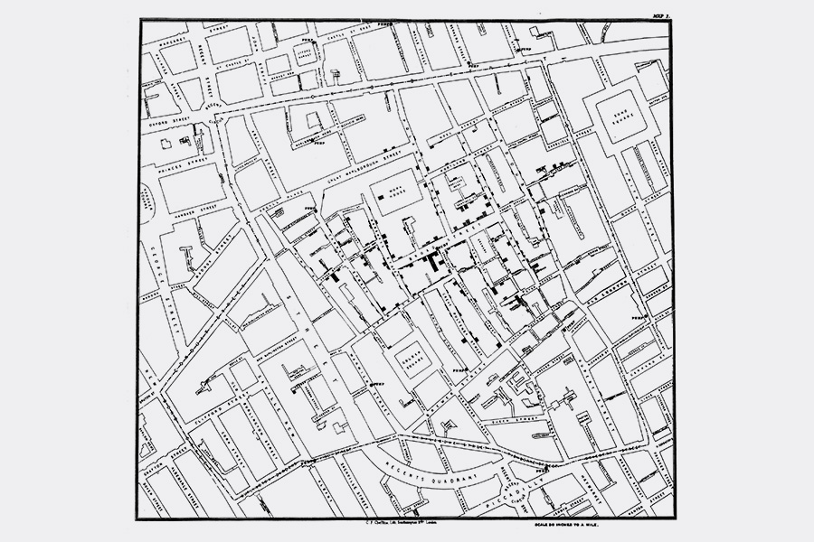 Карта Джона Сноу считается первым применением географических методов к анализу эпидемий и провозвестницей будущих геоинформационных технологий