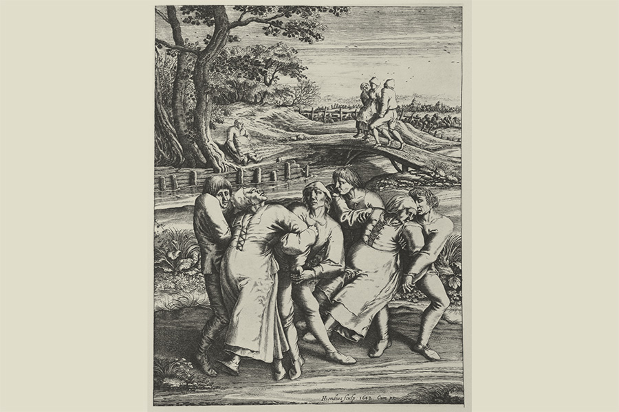 Гравюра Гендрика Гондиуса, изображающая женщин, пораженных танцевальной чумой (по живописному оригиналу Питера Брейгеля)