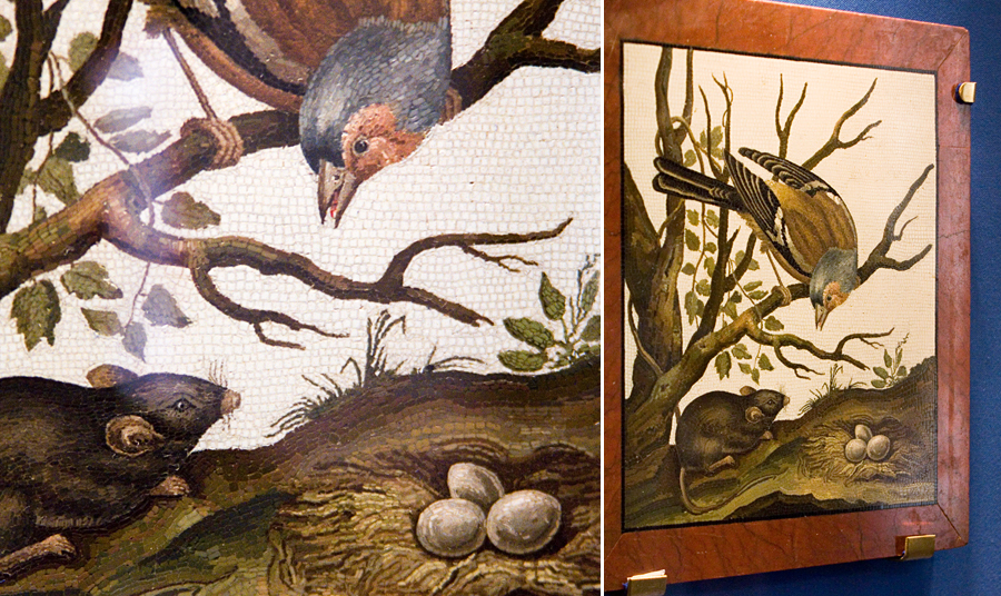 Мозаичная картина «Птица и мышь». Италия, конец ХVIII в. Экспонат выполнен в технике микромозаики. От обычной мозаики она отличается малым размером смальт (тессеры, цветное стекло).