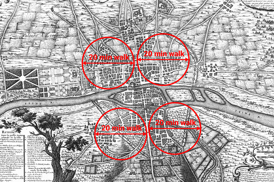 План средневекового Парижа, возникшего из слияния деревень