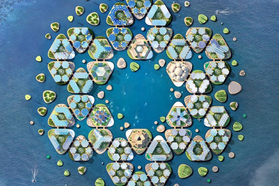 Проект Oceanix City (арх. бюро BIG) как разрастающийся фрактал на основе треугольных модулей