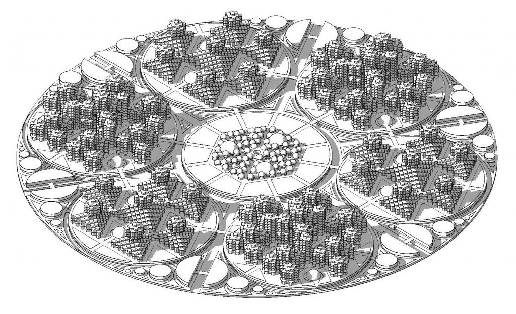Аксонометрическая схема жилого кластера с фрактальной системой застройки для проекта Honeycomb City, арх. Е. Лобанов и Е. Марчукова